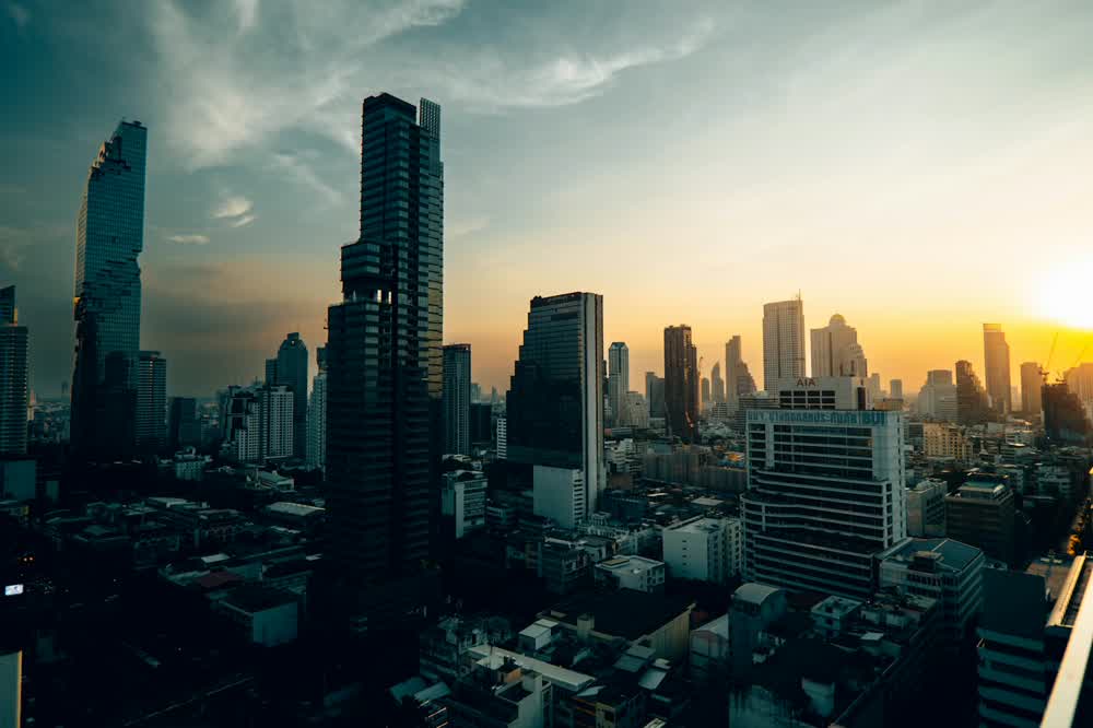 City skyline with office towers at golden hour