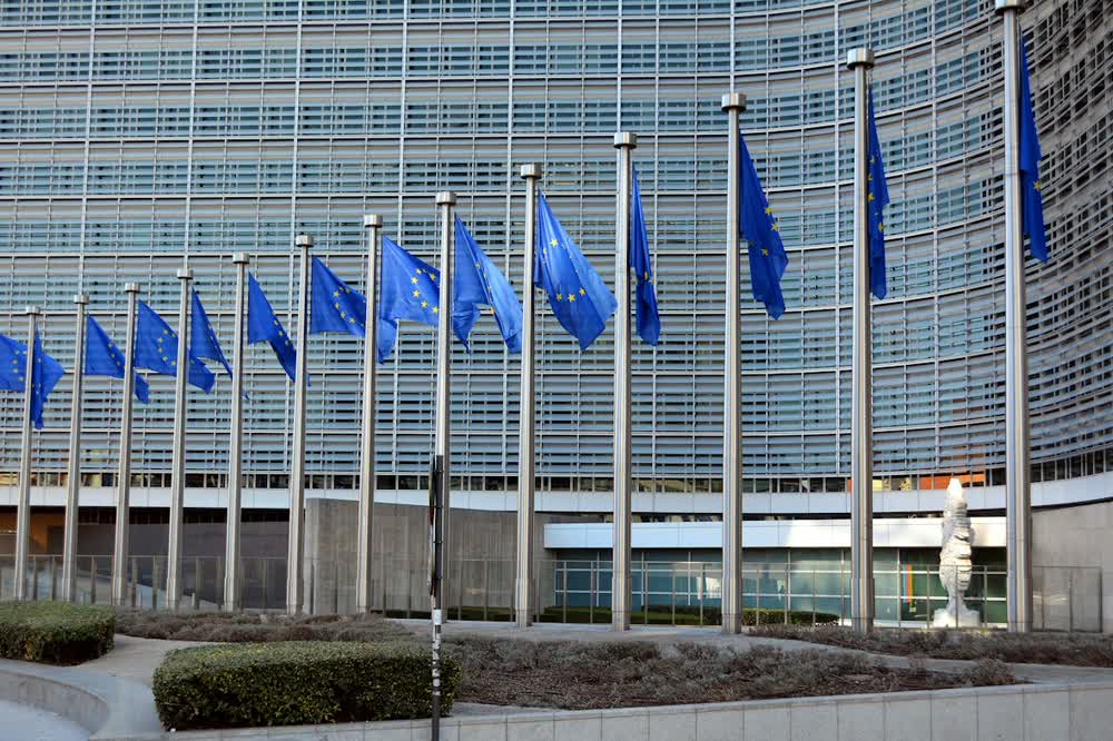 European Union flags outside a civic building